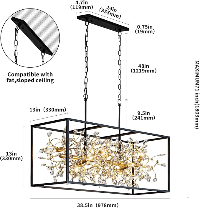 Vezzio Black and Gold Chandelier, 8-Light Rectangle Crystal Chandeliers Rectangular Modern Luxury Pendant Light Fixture for Dining Room Kitchen Island Large, L38.5 Inch