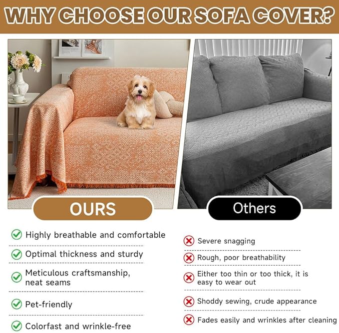 ROOMLIFE Orange Couch Cover Boho Sofa Covers for 3 Cushion Couch Washable, Furniture Protector Sofa Couch Cover for Dogs, Soft Breathable Sofa Slipcover, Couch Throw Blankets with Tassels 71''X118''