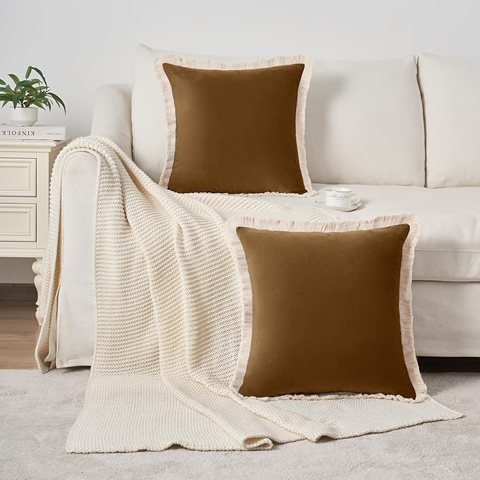 MONDAY MOOSE Decorative Throw Pillow Covers Cushion Cases, Set of 2 Soft Velvet Modern Fringe Tassel Designs, Mix and Match for Home Decor, Pillow Inserts Not Included (Caramel, 16x16 inch)