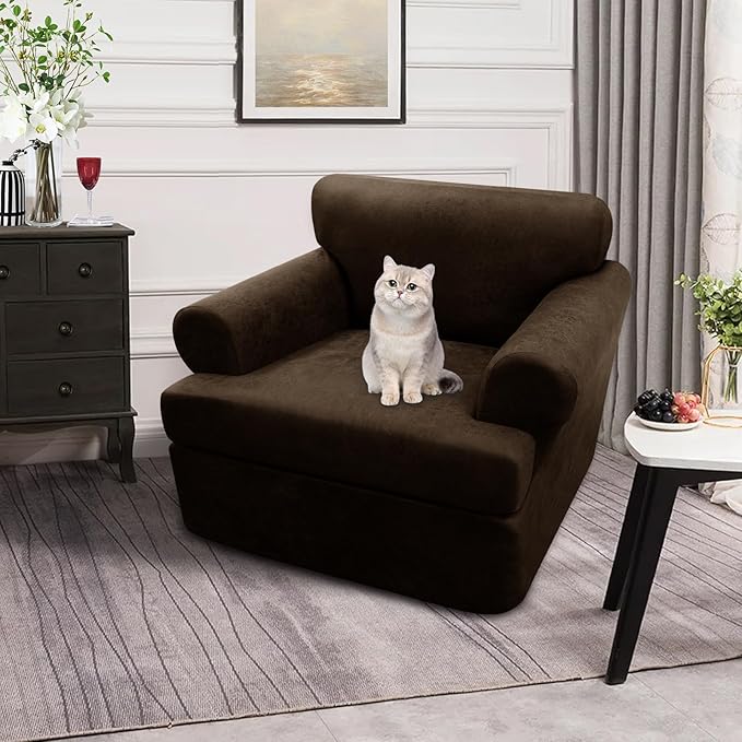 2-Pieces T Cushion Armchair Slipcovers Leather Look Couch Cover Chair Covers Stretch Furniture Protector Sofa Cover with 1 Individual T Cushion Seat Cover Slipcover Sets Washable, Coffee