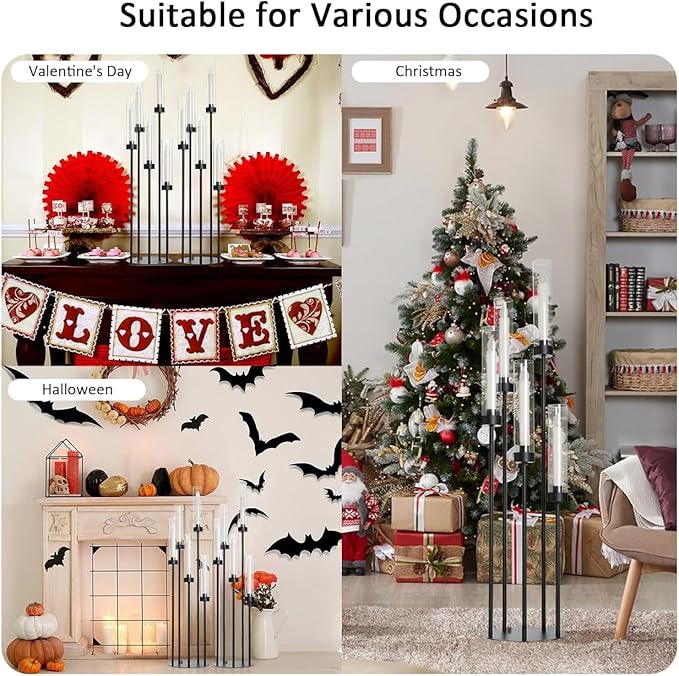 39.8''Matte Black Candle Holder with Acrylic Shades Tall 5 Arm Candelabra Black Table Centerpiece 10PCS for Wedding Living Dining Room Fireplace Decoration Fit 0.98''LED Taper Candle