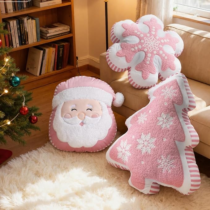 Lanpn Christmas Throw Pillows Set of 3, Christmas Decoration Winter Throw Pillows Snowflake Santa Claus Xmas Tree Cuhsion for Sofa Living Room Bedroom Xmas Decor (Pink)