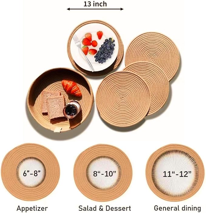 Art PineCone's Woven Cotton Rope Round Placemats Set of 4 with Holder Included, Non-Slip, and Heat Resistant Shabby Chic Placemats (Caramel, 13 inch)