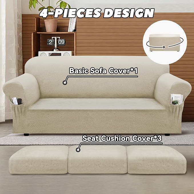 Sofa Slipcover with Armrest Pockets 4-Piece Set, Stretch Faux Leather Couch Cover for 3-Cushion Couches(Fits 72-92") - Non-Slip, Machine Washable, Pet & Kid Friendly - Beige