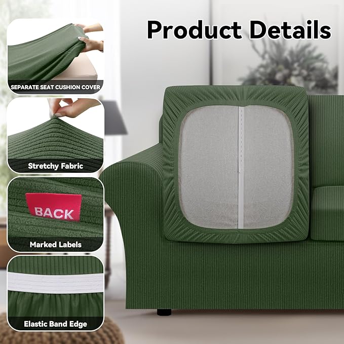 100% Waterproof Extra Large Couch Cover 4-Piece Set Striped Sofa Slipcovers for 3 Cushion Couch Covers with TPU Leakproof Bottom Stretch Protector Pet Proof - Sofa(3-Cushion), Military Green