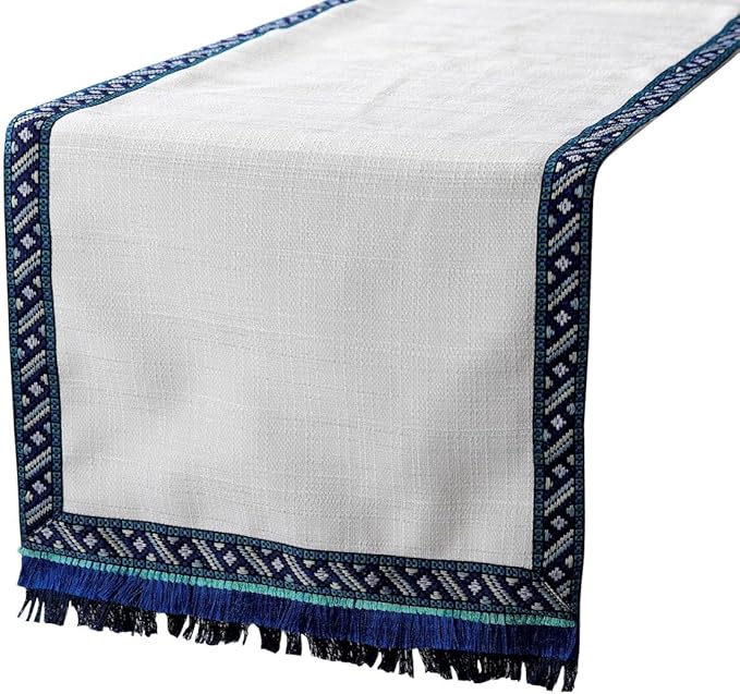 The HomeCentric Silk Table Runner, Ivory Textured Fabric with Lace & Tassels Blue Silk 16 x 90 inch Long, Wedding Decor Table Linen Modern Table Runner - Millistellar