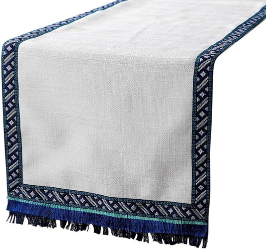 The HomeCentric Silk Table Runner, Ivory Textured Fabric with Lace & Tassels Blue Silk 16 x 90 inch Long, Wedding Decor Table Linen Modern Table Runner - Millistellar