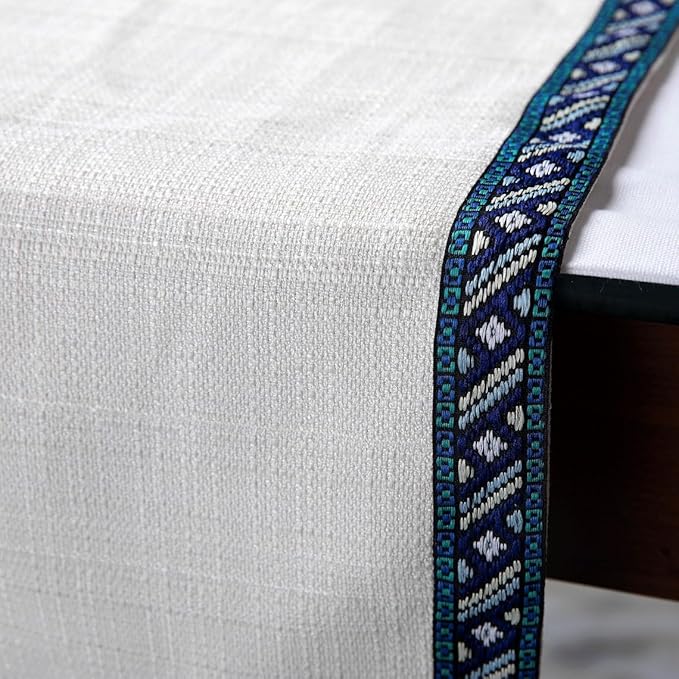 The HomeCentric Silk Table Runner, Ivory Textured Fabric with Lace & Tassels Blue Silk 16 x 90 inch Long, Wedding Decor Table Linen Modern Table Runner - Millistellar
