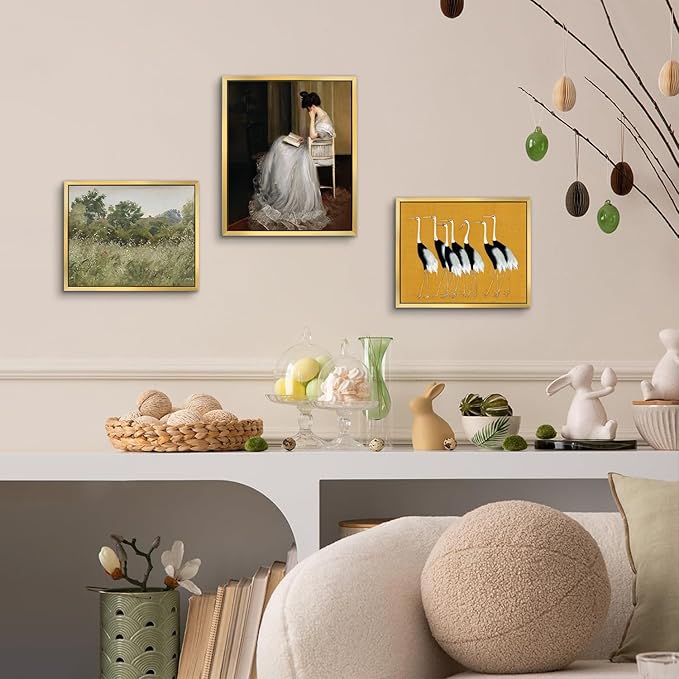 AIMAILON Vintage Gold Canvas Wall Art Framed Decor for Living Room School Elegant Reading Girl in White Dress Portrait Classical Aesthetic Artwork Home Decoration 10x12