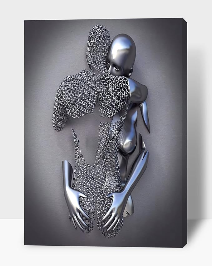 3D Metal Effect Wall Art - 3D Metal Art Wall, Silver Modern Abstract Hug Lovers Painting Picture Poster Prints for Bathroom, Romantic Couple Living Room Canvas Wall Art Framed 32”x48”x1Pcs