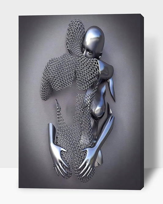 3D Metal Effect Wall Art - 3D Metal Art Wall, Silver Modern Abstract Hug Lovers Painting Picture Poster Prints for Bathroom, Romantic Couple Living Room Canvas Wall Art Framed 32”x48”x1Pcs