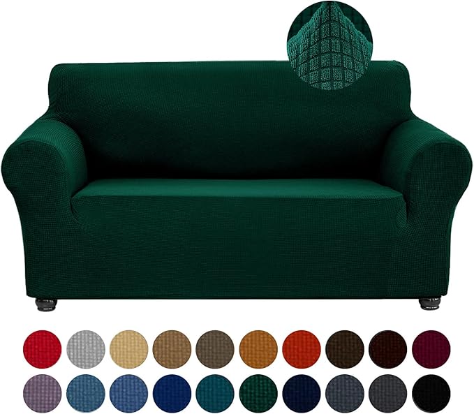 Joccun Stretch Loveseat Couch Cover Slipcover, 1-Piece Sofa Cover for 2 Cushion Couch Spandex Jacquard Washable Furniture Protector Cover for Living Room,Kids,Pets（Loveseat,Hunter）