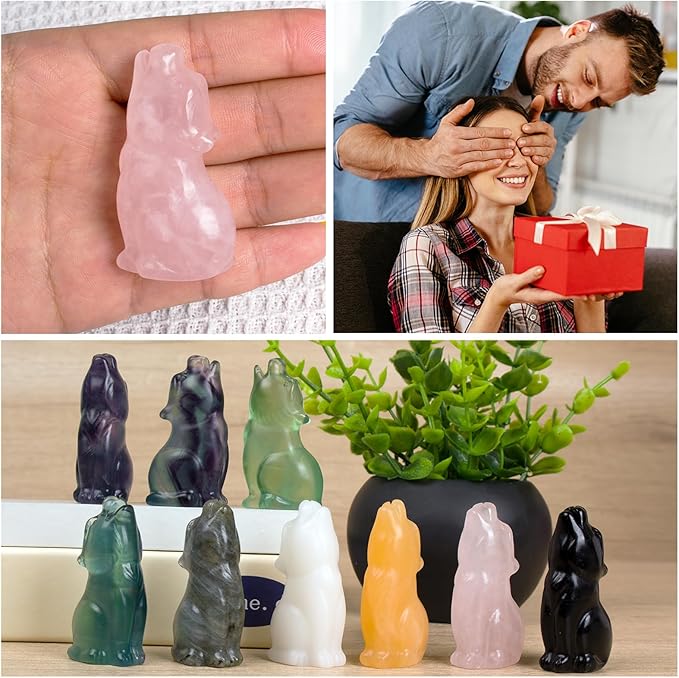 Rose Quartz Howling Wolf Crystal Figurines, 2.2 Inch Wolf Totem Spirit Animal Statue Decor for Home Office Desk Altar, Hand Carved Natural Healing Crystal Sculpture Gifts for Women Men