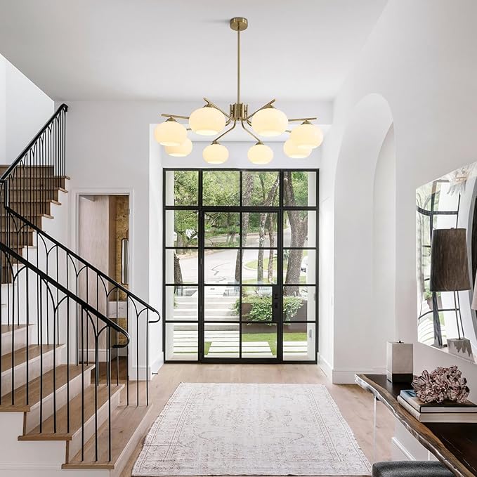 KCO Lighting 8-Lights White Glass Globe Sputnik Chandelier Mid Century Modern Gold Semi Flush Mount Ceiling Light Sputnik Chandeliers Milk Glass Ball Chandelier Kitchen Island