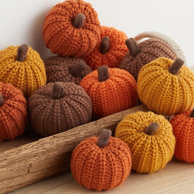 Your Heart's Content Mini Knit Pumpkins Set of 12, Fall Pumpkin Decor, Orange Pumpkin Bowl fillers for Fall, Gold Pumpkins for Garland, Thanksgiving tablescape, Brown (Mini Orange Set 12)