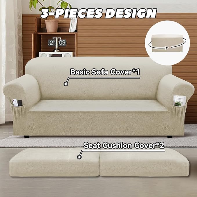 Sofa Slipcover with Armrest Pockets 3-Piece Set, Stretch Faux Leather Couch Cover for 2-Cushion Couches(Fits 72-92") - Non-Slip, Machine Washable, Pet & Kid Friendly - Beige