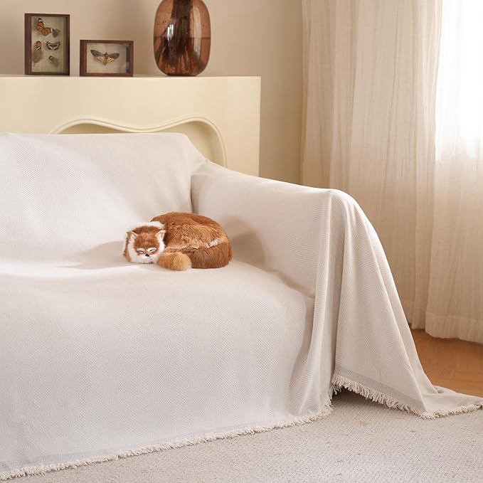 Couch Cover Sectional Sofa Covers for 3 Cushion Couch Sofa Thick Chenille Herringbone Sofa Throw Cover for Living Room, Couch Protector Kids, Pets(Ivory White, X-Large, 71" x 134")