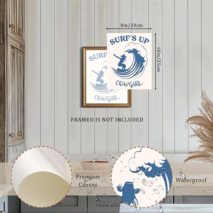Blue Coastal Cowgirl Surfer Girl Canvas Posters Unframed, Beachy Preppy Aesthetic Room Decor Pictures, Beachy Preppy Aesthetic Room Decor Pictures For Teen Girl Dorm Apartment Decoration - 8" X 10"
