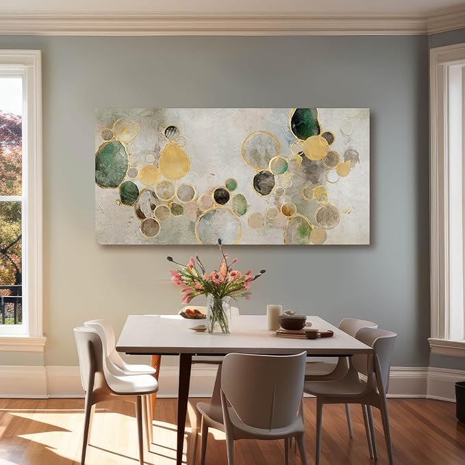 Gold Round Wall Art Neutral Beige Modern Canvas Wall Print 24"x48" Geometric Wall Decor Poster Print Abstract Wall Art for Living Room Dining Room