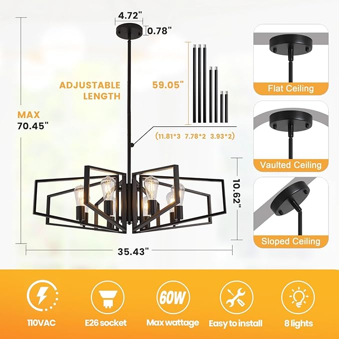 WJShome 8-Light Black Chandelier, Farmhouse Dining Room Light Fixture, Modern Industrial Ceiling Foyer Lighting Fixtures, Geometric Pendant Lights Kitchen Island, for Bedroom,Stairway, Entryway