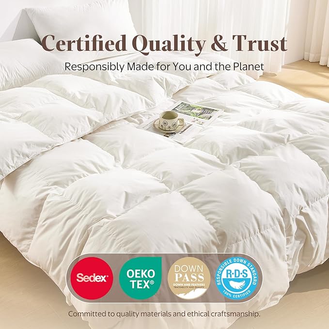 Organic Feather Down Fiber Comforter California King - 100% Cotton Shell All Season Duvet Insert, Medium Warmth Hotel Luxury Bedding Comforter(104x96 Inch, White)