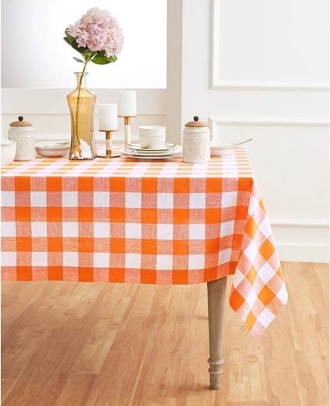 Solino Home Linen Checkered Tablecloth 60 x 90 Inch - 100% Pure Linen Pumpkin and White Buffalo Plaid Table Cloth for Rectangle Tables - Machine Washable Tablecloth for Fall, Thanksgiving