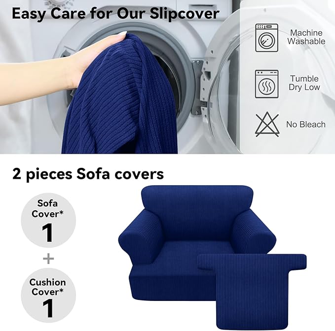 Waterproof Chair Cover with Arms 2-Piece Set Striped Slipcover for 1 Separate T Cushion Couch - TPU Fabric Armchair Covers Leakproof Couch Protector for Kids, Pets(Chair, Navy)