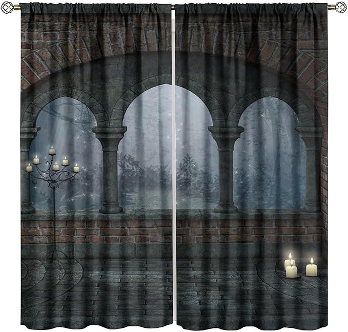 Gothic Mid Century Blackout Curtains, Vintage Medieval Night Old Arch Candles Window Drapes, for Living Room Bedroom 26(W)*84(L) 2 Panels