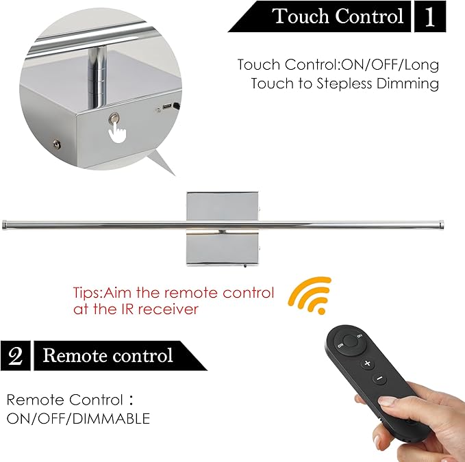 Battery Operated Wall Sconces with Remote Control, Dimmable Wall Sconces Set of Two, 350°Rotate, 3000K LED Chrome Wireless Wall Light for Living Room, Hallway, Bedroom, 28.3 Inch (2 Pack)