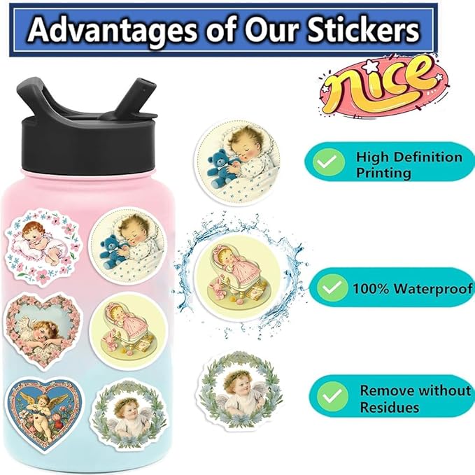 50Pcs Vintage Cherub Christian Baby Stickers – Waterproof Retro Cute Pastels Angels Stickers for Scrapbooking, Journals, Invitations, Laptop, Water Bottles