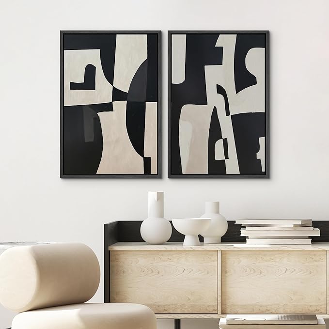 SIGNWIN Framed Canvas Print Wall Art Set Black and Beige Abstract Geometric Modern Bold Minimalist Illustrations Minimal Decorative Zen Bohemian for Living Room, Bedroom, Office - 24"x36"x2 Black