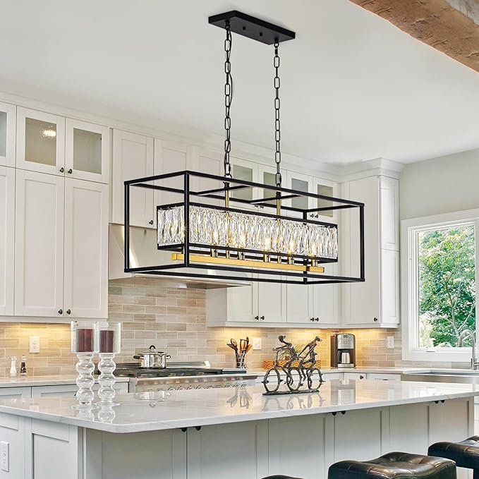 Vezzio Crystal Chandeliers for Dining Room Modern Crystal Chandelier 6-Light Rectangle Contemporary Pendant Light Fixture for Kitchen Island Bar L35 Inch