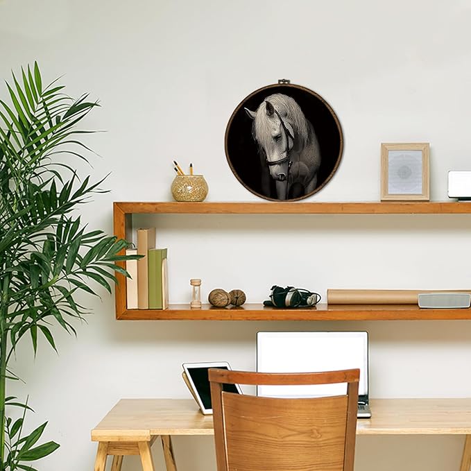 cvjutf Dark Academia White Horse Wall Art Decor Framed, Horse Lover Gifts, Vintage Equestrian Horses Picture Round Wall Room Decor, Farmhouse Cottagecore Canvas Prints Art for Home Living Room,10x10