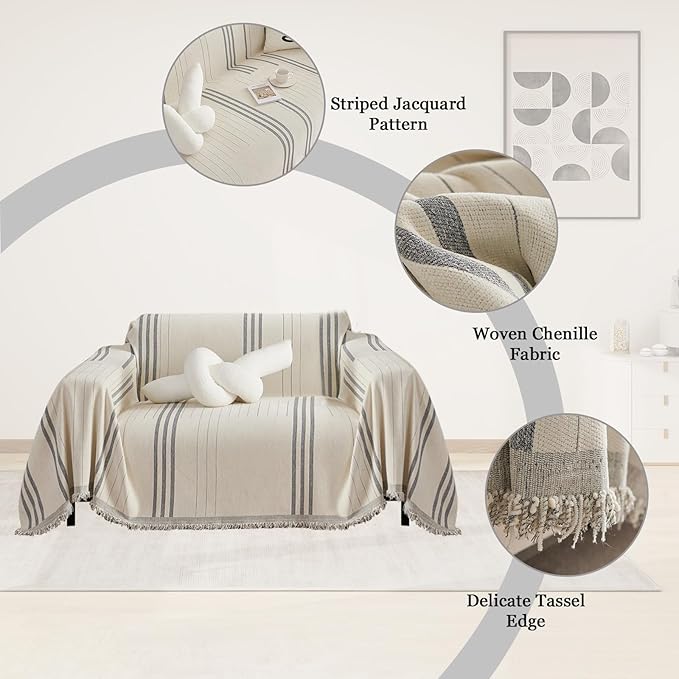 DREAMINGO Chenille Armchair Cover Jacquard Sofa Covers Washable Furniture Protector Recliner Couch Cover 1 Cushion Reversible Chair Cover Beige Light Grey Striped Couch Cover Blanket 71"x 71"