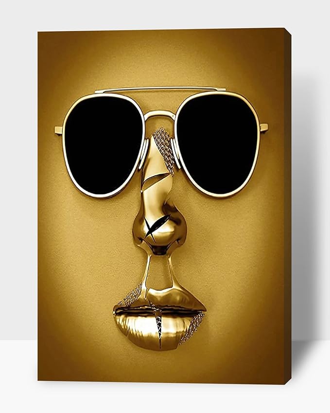 3D Metal Effect Wall Art - 3D Wall Art Decor Artwork Wear Sunglasses Golden Figure Statue Modern Art Canvas Painting, Large Wall Art for Bedroom Dercorations Framed 12”x18”x1Pcs