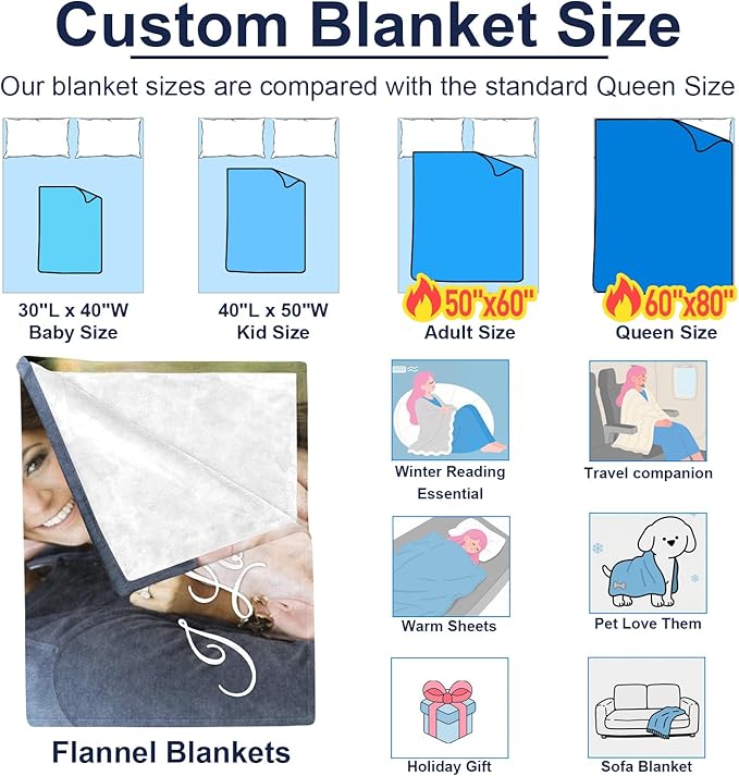 Jecivila Custom Blanket with Picture Text Personalized Photo Flannel Throw Blankets Customized Couple Gifts for Girlfriend Boyfriend Wife Husband on Valentine's Day Birthday
