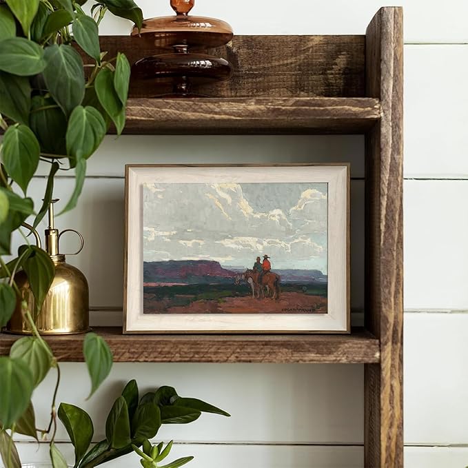 XOCUUI Western Cowboy Unframed Canvas Wall Art Vintage Print Oil Paintings, Horse Rider At Sunset Print Rustic Mountain Landscape Painting, Mid Century Antique Moody Retro Artwork Wall DéCor(8"X10")