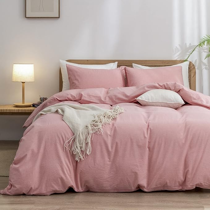 BESTOUCH Duvet Cover Set 100% Washed Cotton Linen Feel Super Soft Comfortable Chic Lightweight 3 PCs Home Bedding Set Solid Red Pink Full/Double