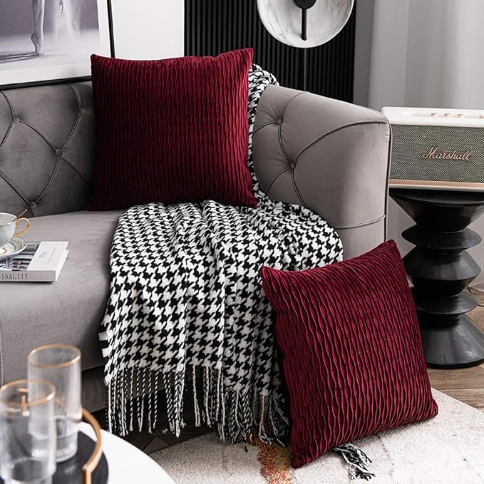 Burgundy 16 x 16 Inch Throw Pillow Covers: 2 Pack Inch Original Striped Velvet Square Decorative Pillow Cases for Farmhouse Couch