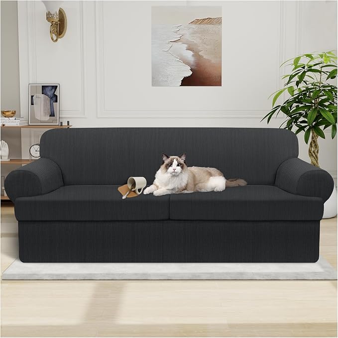 Waterproof Couch Cover 3-Piece Set Striped Sofa Slipcovers for 2 Separate T Cushion Couch - TPU Fabric Sofa Covers Leakproof Couch Protector for Kids, Pets(2 Cushion Sofa, Dark Gray)