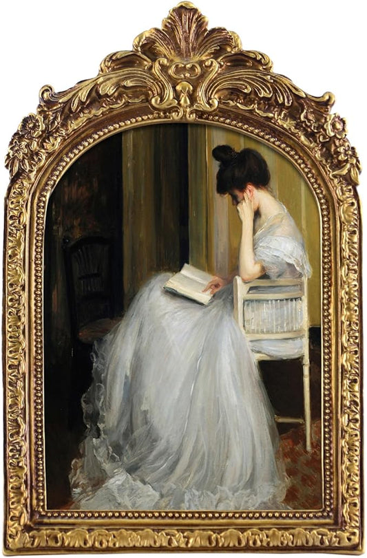 FOLKOR Classical Wall Art Prints with Vintage Gold Picture Frame, Girl Reading Canvas Oil Paintings Farmhouse Room Decor for Bedroom Study Room Dorm, Gift for Book Lovers Birthday Housewarming, 5x7