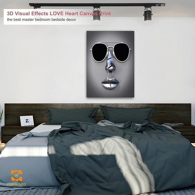 3D Metal Effect Wall Art - 3D Wall Art Decor Artwork Wear Sunglasses Siliver Figure Statue Modern Art Canvas Painting, Large Wall Art for Bedroom Dercor Framed 28”x40”x1Pcs