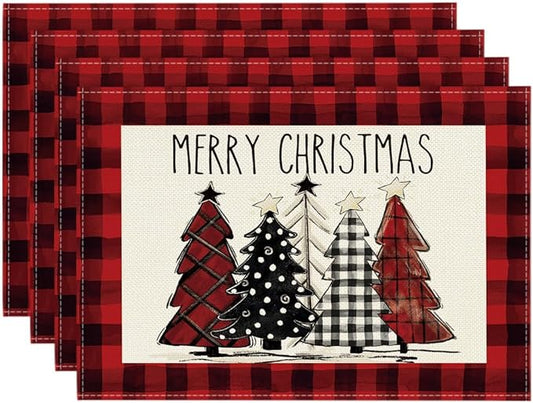Artoid Mode Red and Black Buffalo Plaid Christmas Trees Placemats Set of 4, 12x18 Inch Winter Table Mats for Outdoor Home Party Kitchen Dining Decor