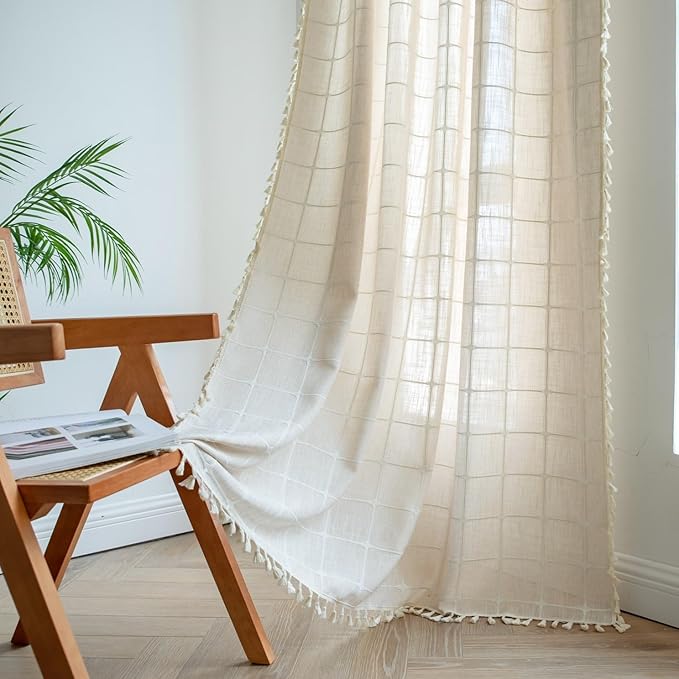 Sutuo Home Boho Curtains for Kitchen Kid's Room 72 Inch Length,Bohemian Farmhouse Vintage Chic Beige Tassels Linen Light Filtering Window Treatment Drape, 1 Panel 52" W x 72" L, Light Coffee Plaids
