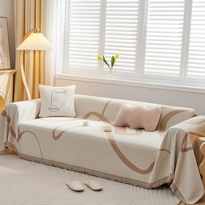 VClife Sofa Couch Cover Washable- Modern White and Beige Striped Jacquard Couch Cover for 2 Cushion Couch 71''x118'' - 1 Piece Soft Chenille Large Sofa Covers Slipcover for Living Room Bedroom