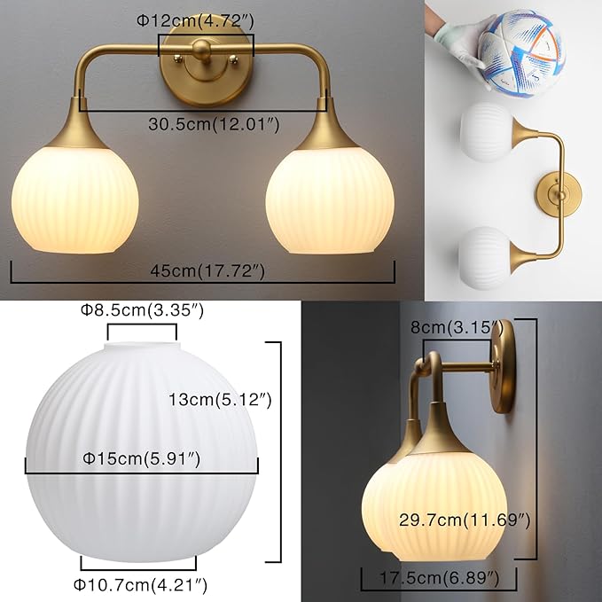 PERMO Double Sconce Antique 2 Light Sconces Vintage Vanity Light with Milk White Ribbed Globe Glass Shade for Bathroom Mirror Makeup Living Room Bedroom