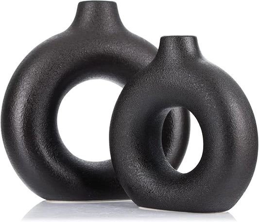Matte Black Ceramics Vase for Home Decor,Minimalist Nordic Hollow Donut Vase Set of 2,Modern Boho Decor for Kitchen Table Centerpiece,Living Room,Fire Place,Bookshelf,Office,Entryway,Console