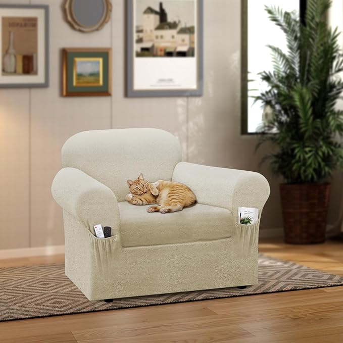 Chair Slipcover with Armrest Pockets 2-Piece Set, Stretch Faux Leather Chair Cover for Armchairs(Fits 31-45") - Non-Slip, Machine Washable, Pet & Kid Friendly - Beige