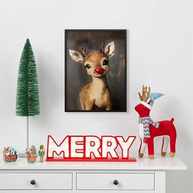 Christmas Reindeer Wall Art Winter Cute Whimsical Animal Canvas Poster 24x36 inch Black Framed Vintage Red Nose Deer Painting Prints for Rustic Living Room Bedroom Wall Decor