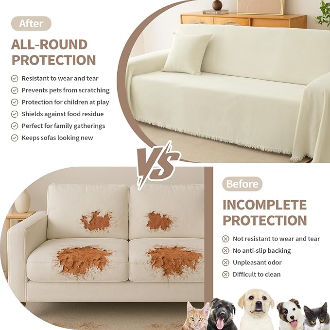 Couch Cover for Dogs, Boho Sofa Covers for 3 Cushion Couch, Chenille Sofa Slipcover for Pets Washable, L-Shape Sectional Couch Loveseat Cover Soft Throw Blankets with Tassels(71x134,Cream)